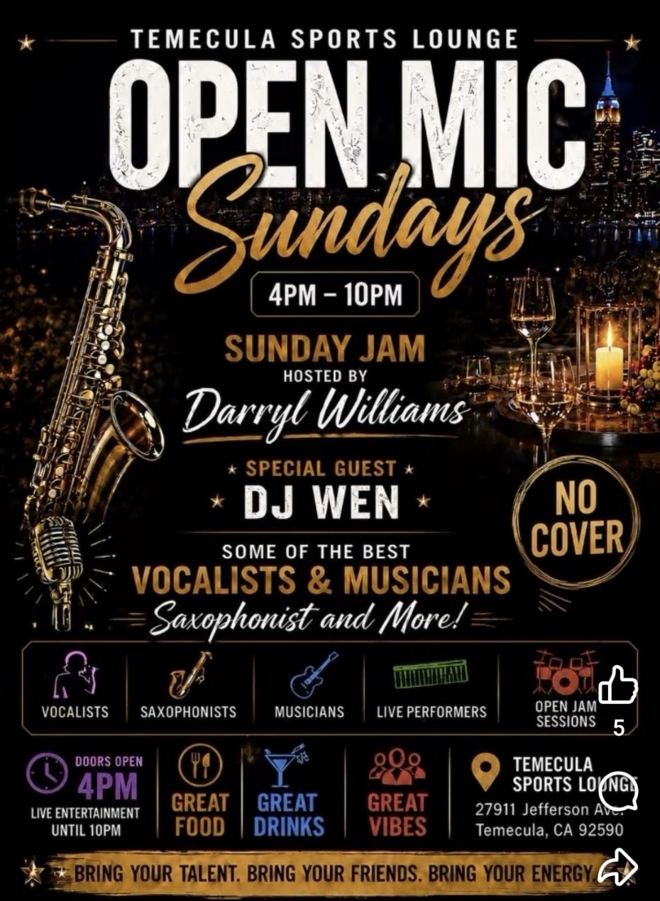 Open Mic Sundays event flyer at Temecula Sports Lounge
